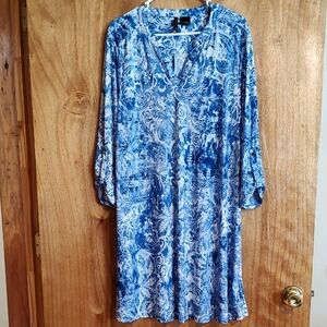 New Directions Damask Popover Shift Dress Blue White Convertible Sleeves Size L